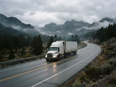Wide environmental shot of a refrigerated semi-truck driving on an Idaho highway at dawn, crisp overcast morning light, desaturated steel tones, 35mm