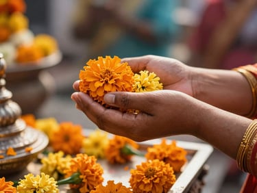A close-up of a devotee's hands gently offering fresh marigold flowers at a temple altar, bathed in soft morning golden light.