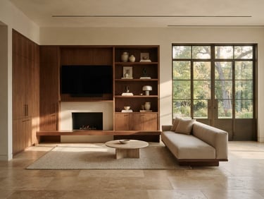 Straight-on architectural elevation of a minimalist living room with custom walnut millwork, warm travertine floors, soft directional afternoon sunlight through large steel-framed windows, medium format film.