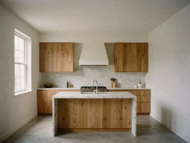 Wide straight-on architectural interior of a Pacific Heights kitchen, featuring hand-applied plaster walls, custom oak millwork, and a marble island under soft morning light, medium format film.