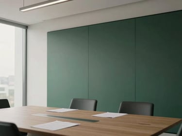 Interior of a modern, minimalist office with clean lines and natural light, a conference table with documents, no people, soft overcast daylight, muted earth tones and deep greens, high-end real estate