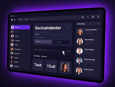 High-fidelity UI mockup of a dark mode social media generator dashboard, glowing neon violet backlighting, crisp vector interface with active text cursor.