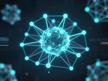 Futuristic 3D render of a neural network, dark ambient background with glowing cyan and neon blue light, high-tech abstract nodes, cinematic depth of field