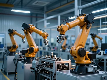 Wide shot of a modern clean automated factory floor, technical focus on robotic arms and assembly lines, cool blue tones with warm amber highlights