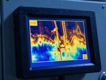 Close-up of a digital thermographic camera screen showing heat signatures of an electrical panel, high contrast