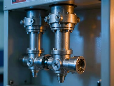 Industrial pneumatic valves and cylinders on an automation panel, sharp technical focus, blue and orange lighting