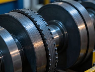 Close-up of industrial power transmission belts running on heavy pulleys, sharp focus on rubber and metal textures