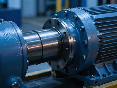 Close-up of a massive industrial shaft coupling connecting a motor, sharp technical focus, dramatic cool blue lighting, industrial environment