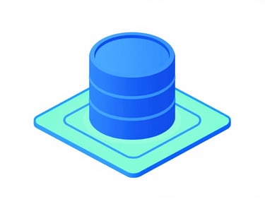 Clean vector illustration of database tables connected by glowing blue lines, isometric perspective