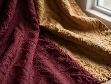 Close-up of rich silk and linen fabrics in warm burgundy and gold tones, soft natural light, tactile texture