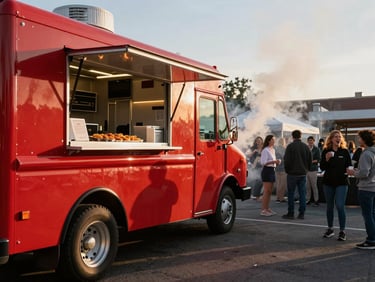 Dynamic wide-angle environmental shot of The Red Food Truck operating at a bustling outdoor corporate event in Salt Lake City, warm golden hour sunlight, active smoke rising, and guests laughing in the background.