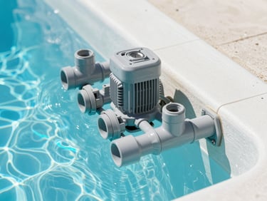 Clean architectural plumbing installation of modern pool pump and filtration valves, neatly aligned grey PVC pipes, high-contrast lighting.
