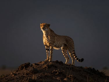 Cheetah scanning the savanna from a termite mound, dramatic golden hour backlighting, minimalist composition, deep charcoal tones