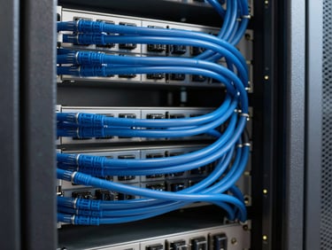 Crisp industrial photography of a server rack with clean structured blue cabling, natural daylight, sharp focus, 35mm lens