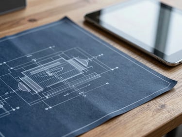Close-up shot of technical blueprints and a digital tablet on a wooden desk, natural overcast light, cool slate tones