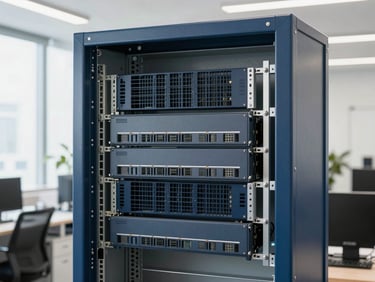 On-site technical installation of rack-mounted hardware, focused on structural order and physical alignment, bright office lighting