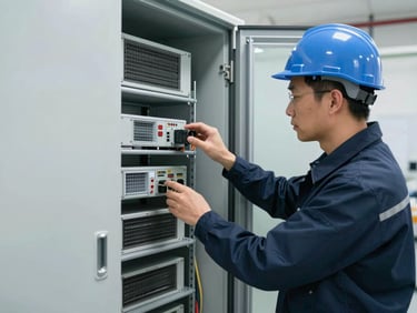 On-site engineer inspecting physical telecom hardware inside a clean utility room, natural daylight
