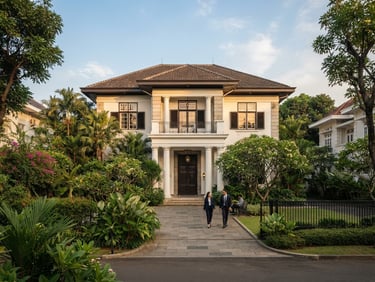 Dignified editorial photography of a classic colonial-style office building in Kebayoran Baru Jakarta, soft warm afternoon light, professional legal association headquarters, wide shot