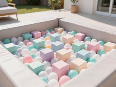 Wide shot of a beautifully arranged pastel ball pit with soft blocks in a modern, airy backyard, natural sunlight, high-key photography