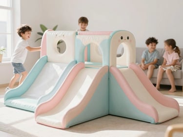 Medium shot of a larger soft-play setup with slides and climbing elements, pastel colors, children laughing in the background, sunlit, high-key photography