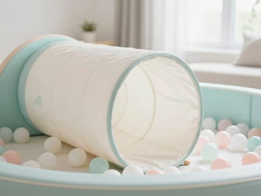 Close-up of a pristine pastel soft-play tunnel and small ball pit in a bright living room, child's hands visible, high-key photography, soft natural daylight