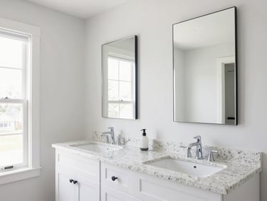 Elegant bathroom vanity with double sinks, quartz countertops, modern mirrors, bright daylight flooding the space