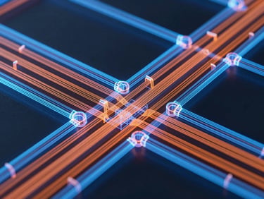 Macro close-up of a complex digital BIM model showing highly coordinated MEP pipe and duct intersections in neon blue and orange wireframes on a dark background