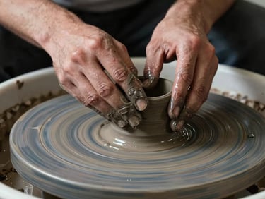 Extreme macro detail of an artist's hands shaping wet, dark clay on a spinning potter's wheel, water spraying softly, dramatic side-lighting