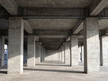 Symmetrical straight-on architectural shot of exposed steel joints and raw concrete pillars, harsh natural sunlight, desaturated industrial tones, sharp focus, 24mm lens.
