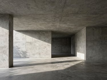 Wide-angle museum-grade photography of a completed minimalist concrete residential space, dramatic natural light casting long shadows across polished floors, sharp focus.