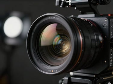 Cinematic close-up of a high-end cinema camera lens reflecting sharp studio lights, dark moody atmosphere, technical precision