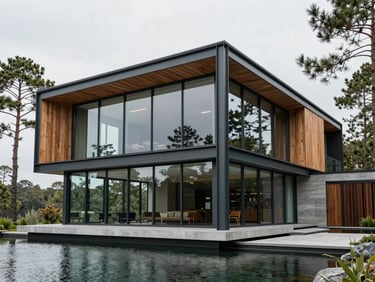 Finished modern home with expansive glass walls and a dark steel frame reflecting on the water, surrounded by pine trees, crisp overcast daylight.