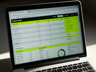 A close-up of a laptop screen displaying complex campaign schedules and analytics dashboards, direct harsh sunlight, neon green highlights