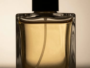 Macro of heavy glass perfume bottle reflecting light, golden-hour rim lighting, dark studio reflections