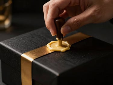 Close-up of hands applying wax seal to a premium black gift box, warm gold accents, dramatic chiaroscuro lighting