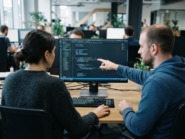 Over-the-shoulder perspective of pair programming, clean monitors displaying complex code, subtle blue screen glow, crisp editorial tech photography, 35mm lens