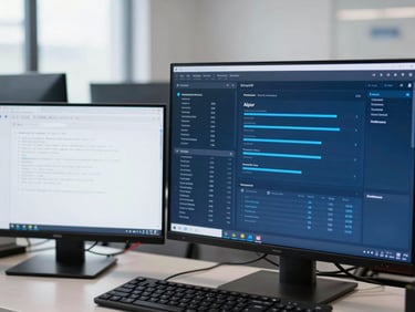 A clean developer workspace with terminal windows and API monitoring dashboards, cool blue screen glow, sharp focus