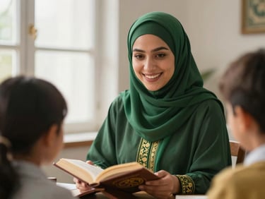 Warm editorial portrait of a smiling female Quran teacher, wearing a hijab, interacting with a child off-camera, in a bright home setting, soft morning window light, shallow depth of field.