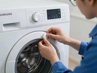 A technician's hands in clean blue uniform adjusting the digital control dial of a Samsung front-load washing machine.
