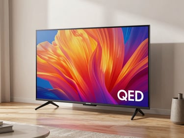 A bright, modern living room showcasing a large Samsung QLED Smart TV screen displaying vibrant colors.