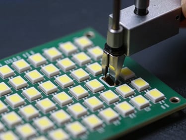 Macro detail shot of high-density LED modules, showing individual pixel-pitch diodes under calibration, sharp technical precision, dark navy background.