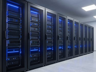 Sleek corporate technology photography, wide-angle architectural shot of a secure server facility with cool blue LED lighting and slate tones, sharp focus, 35mm