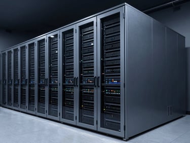 Sleek architectural shot of a secure corporate data facility, low-key lighting, slate-gray tones, high-contrast, 35mm