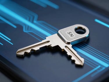 Close-up of secure hardware keys and abstract data streams on a dark screen, cool blue LED lighting, sharp focus, 35mm