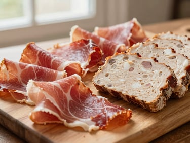 Slices of artisanal cured ham and house-made terrine arranged beautifully on a wooden board, warm lighting, shallow depth of field