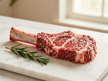 Freshly cut thick ribeye steak resting on a white marble counter, sprig of rosemary, warm soft shop glow, warm editorial photography