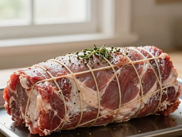 A pork roast wrapped in butcher twine, seasoned with fresh herbs and garlic, ready for the oven, warm editorial photography