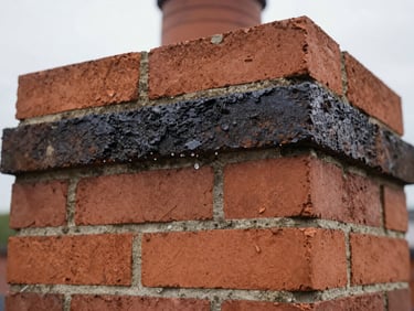 Macro shot of a chimney brick being treated with a waterproofing seal, droplet visible, natural overcast daylight, sharp focus, 35mm lens