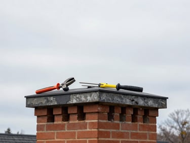 Drone shot of a chimney crown being repaired against a New England sky, clean work tools, natural overcast daylight, sharp focus, 35mm lens
