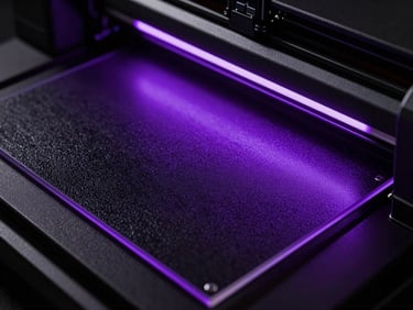 Extreme close-up of a UV flatbed printer curing vibrant purple ink on a sheet of textured black acrylic, neon purple light glow, dramatic low-key lighting